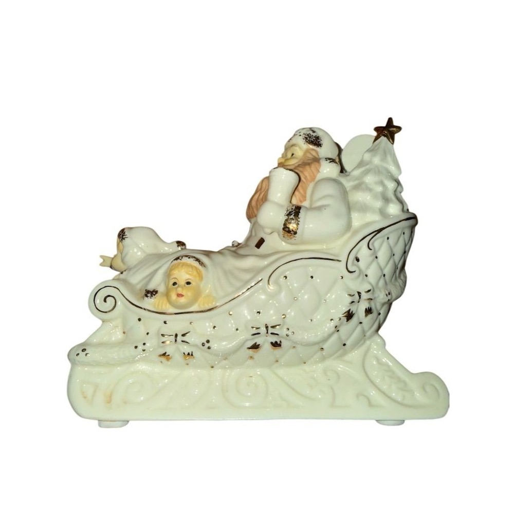 Vintage Baum Bros Santa Sleigh Music Box Ivory &‎ Gold Holiday Decor